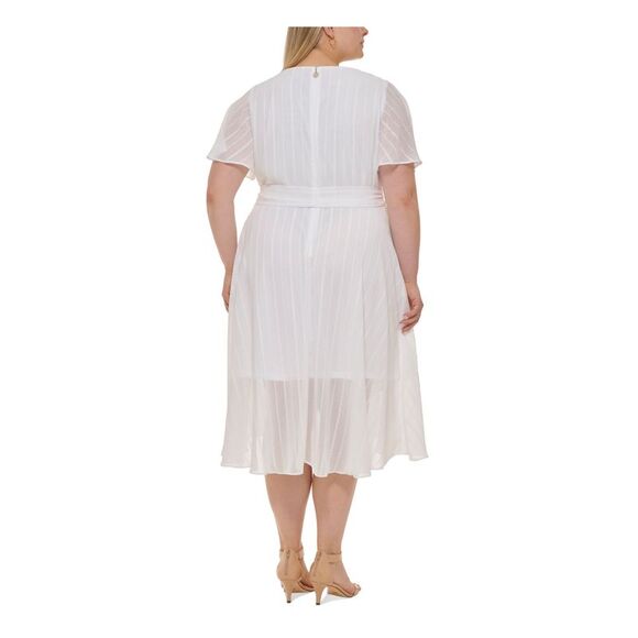 TOMMY HILFIGER Womens White Belted Hem Lined Flutter Sleeve Midi Dress Plus 20W - Picture 2 of 4